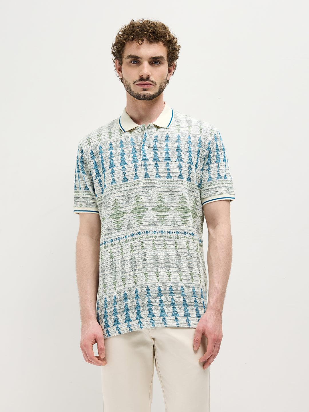 Sea Blue Printed Polo T Shirt