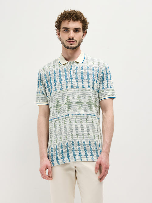 Sea Blue Printed Polo T Shirt