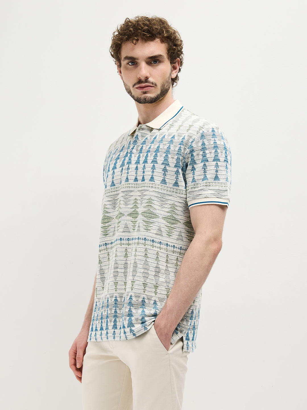 Sea Blue Printed Polo T Shirt
