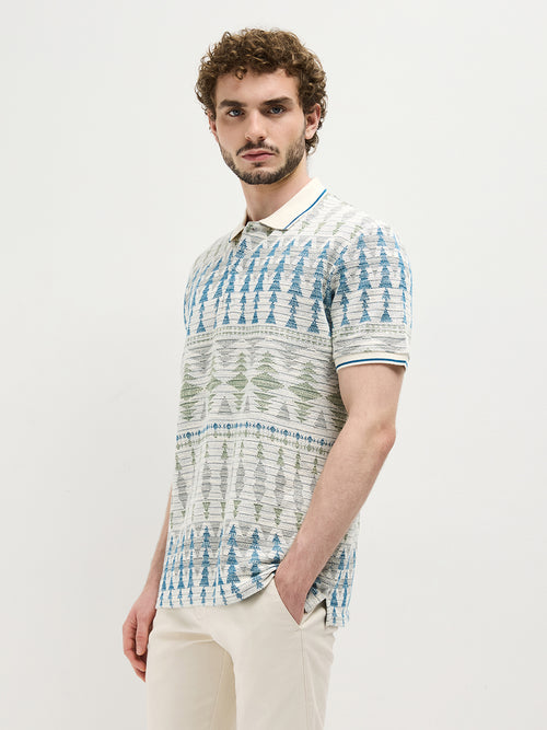 Sea Blue Printed Polo T Shirt