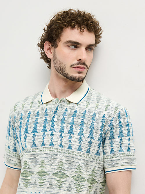 Sea Blue Printed Polo T Shirt