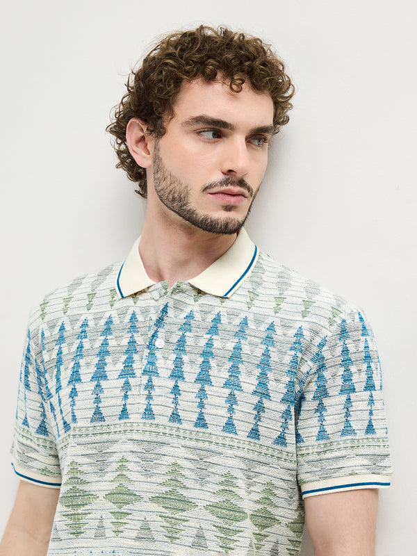 Sea Blue Printed Polo T Shirt