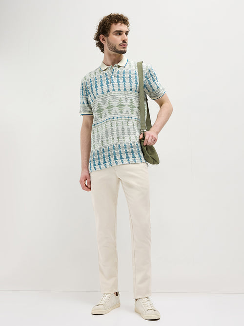 Sea Blue Printed Polo T Shirt