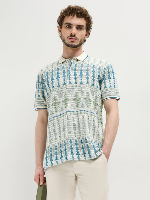 Sea Blue Printed Polo T Shirt