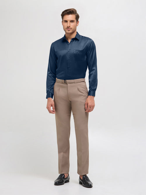 Dark Teal Blue Solid Satin Formal Shirt
