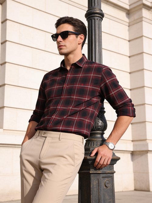 Dark Cherry Checked Casual Shirt