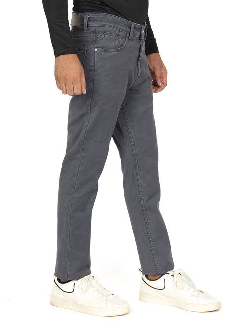 Dark Grey Denim Cotton Stretch Solid Trousers