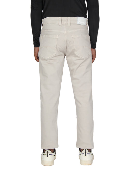 Cream Denim Cotton Stretch Solid Trousers