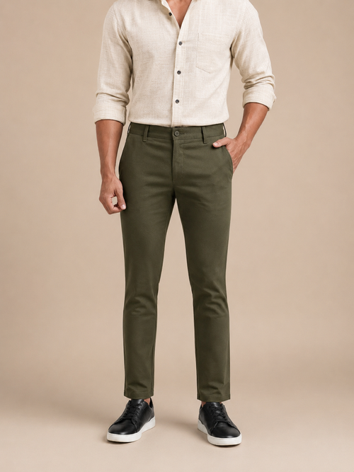 Dark Olive Solid Casual Trousers