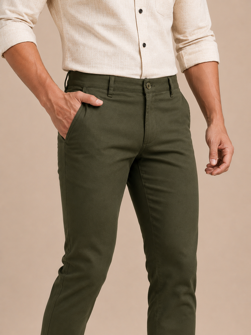 Dark Olive Solid Casual Trousers