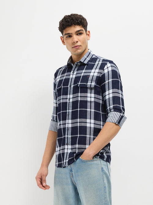 Indigo Blue Checked Casual Shirt With Two Pockets