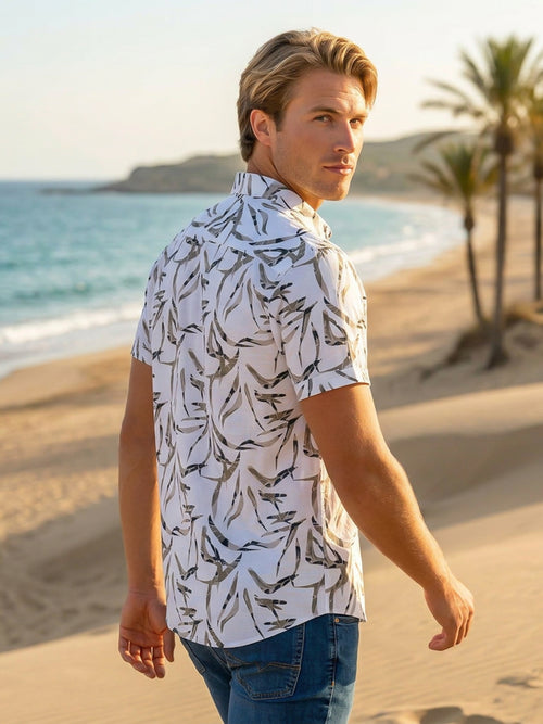Crisp White and Ash Olive Floral Printed Casual Shirt