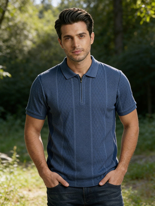 Dusty Blue Textured Zipper Polo T Shirt