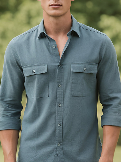 Sage Ocean Green Plain Casual Shirt With Dual Pockets