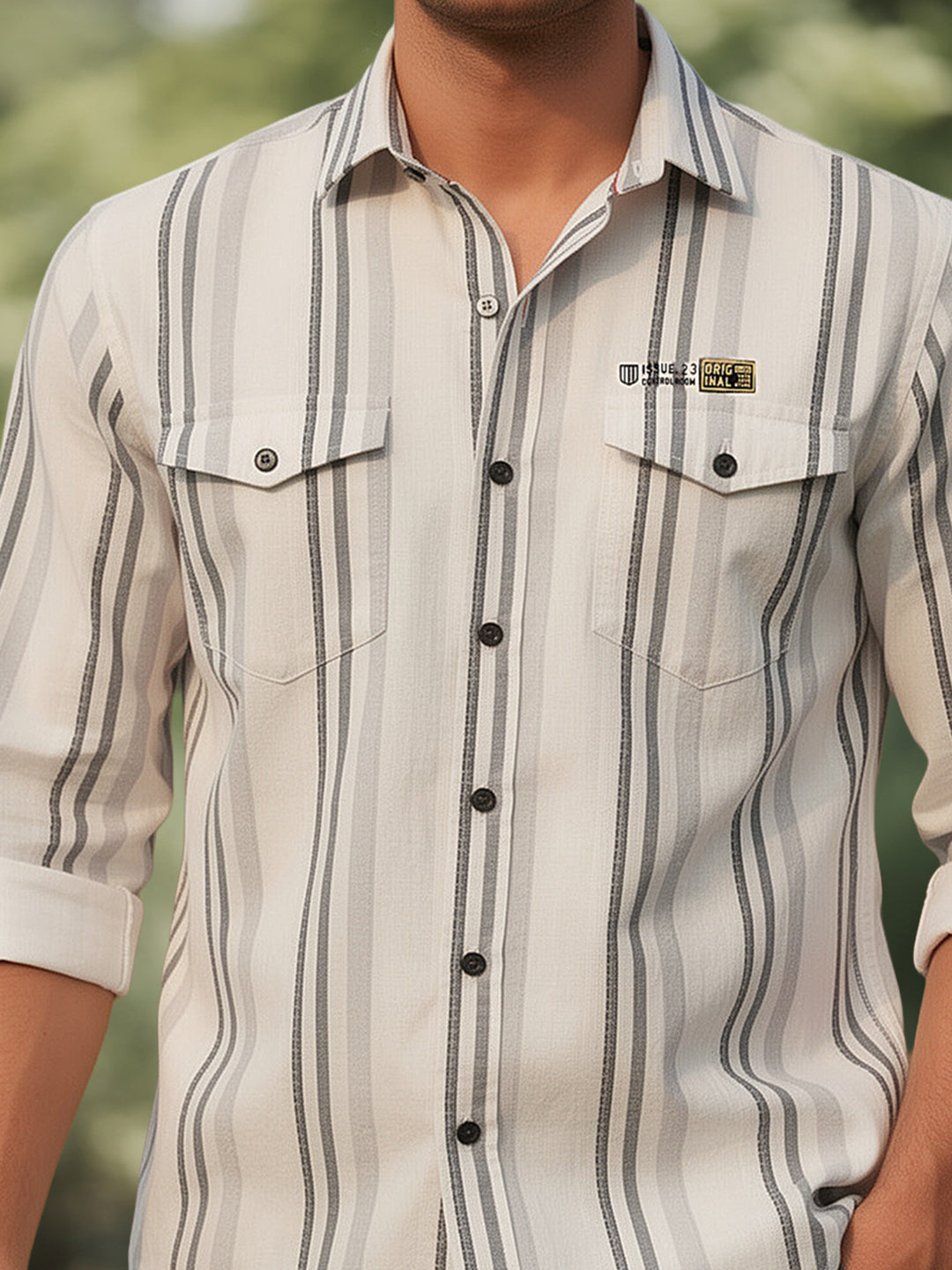 Cream White and Blue Vertical Stripes Casual Shirt