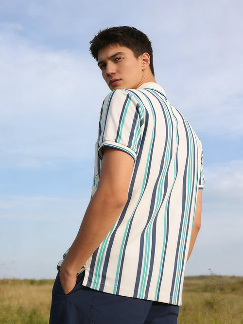 Light Ocean Blue Vertical Stripes Polo T Shirt