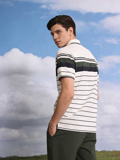 White Horizontal Stripes Polo T Shirt