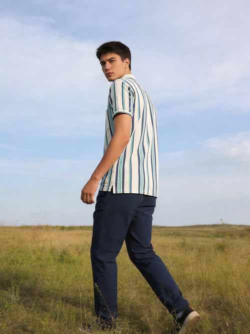Light Ocean Blue Vertical Stripes Polo T Shirt