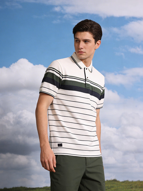 White Horizontal Stripes Polo T Shirt