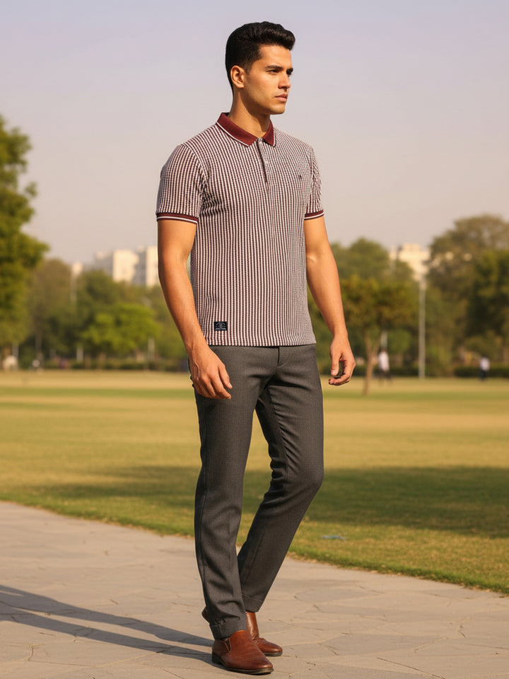 Burgundy Micro Vertical Stripes Polo T Shirt