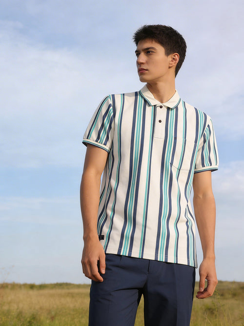 Light Ocean Blue Vertical Stripes Polo T Shirt