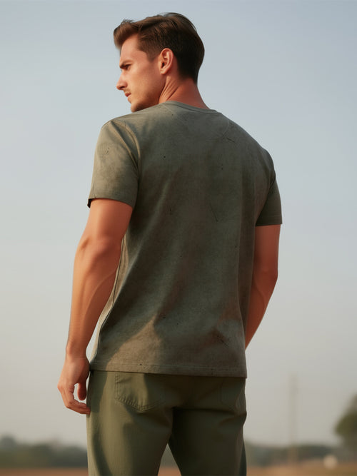 Dusty Olive Printed Crew Neck T Shirt