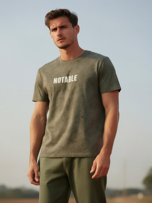 Dusty Olive Printed Crew Neck T Shirt