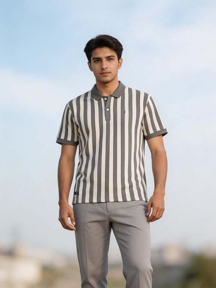Ash Grey Vertical Stripes Polo T Shirt