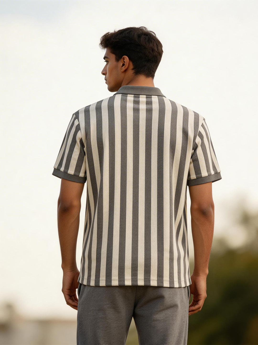 Ash Grey Vertical Stripes Polo T Shirt