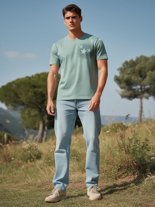 Sage Green Printed Crew Neck T Shirt