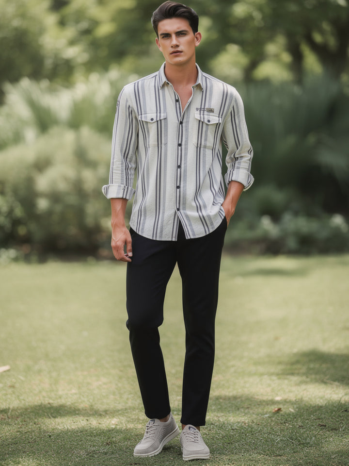 Cream White and Blue Vertical Stripes Casual Shirt