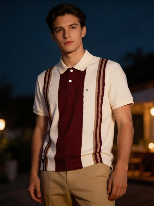 Burgundy and Cream Vertical Stripes Polo T Shirt