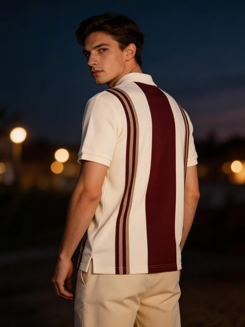 Burgundy and Cream Vertical Stripes Polo T Shirt