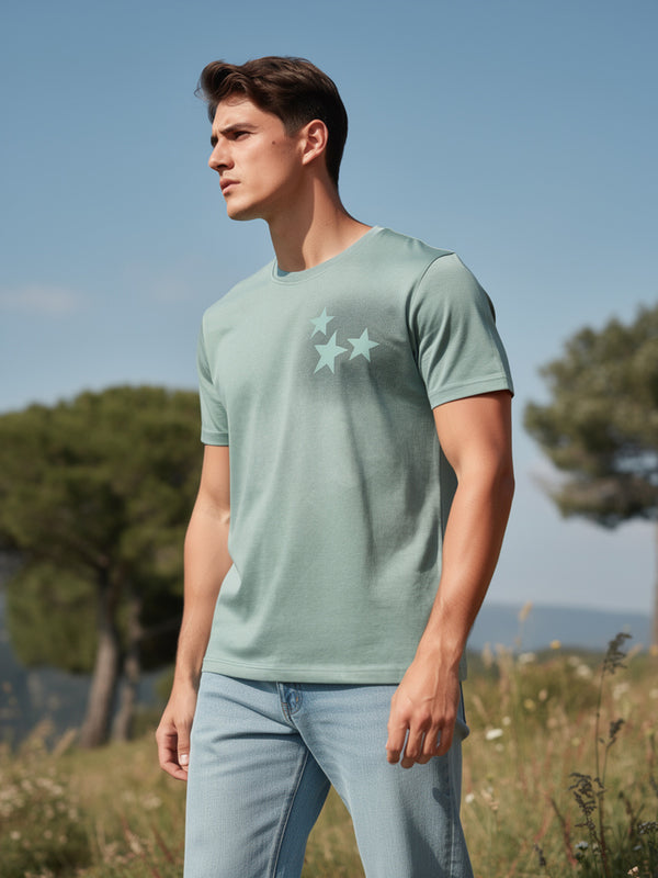 Sage Green Printed Crew Neck T Shirt