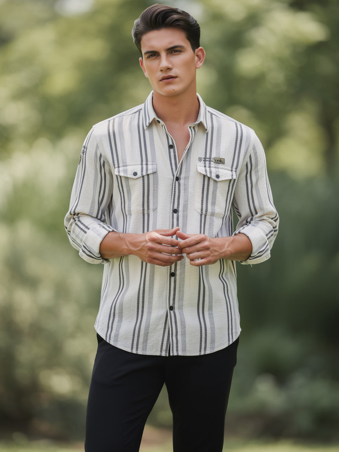 Cream White and Blue Vertical Stripes Casual Shirt