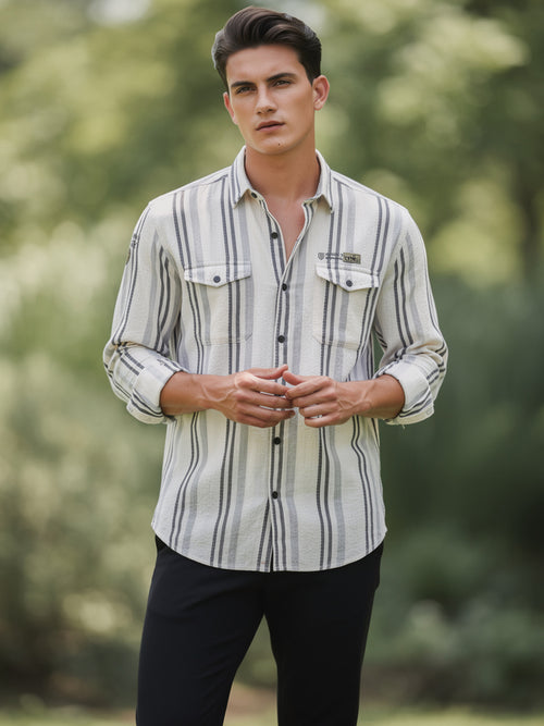 Cream White and Blue Vertical Stripes Casual Shirt