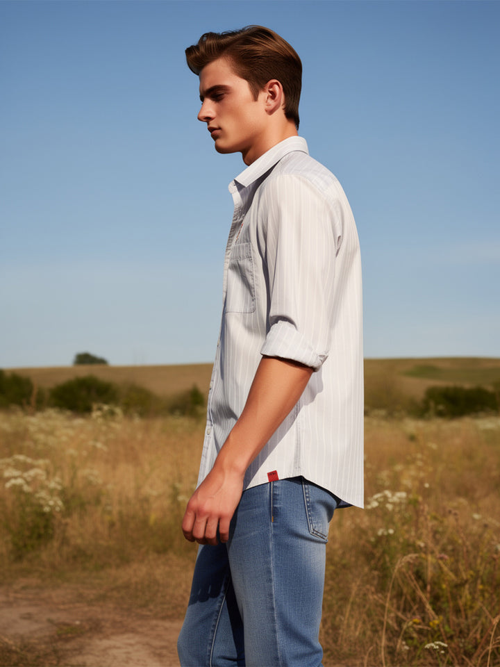 Misty Ice Blue Vertical Stripes Casual Shirt