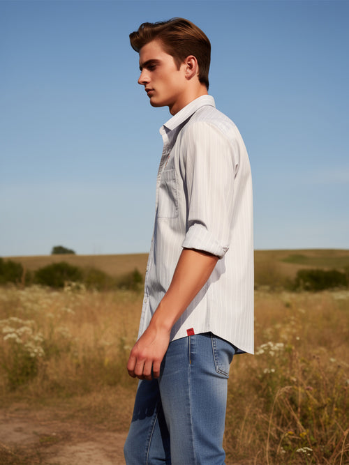 Misty Ice Blue Vertical Stripes Casual Shirt