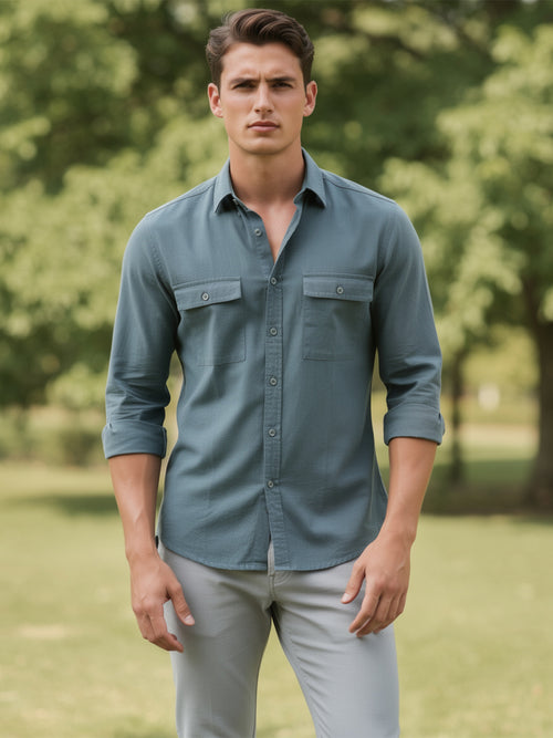 Sage Ocean Green Plain Casual Shirt With Dual Pockets