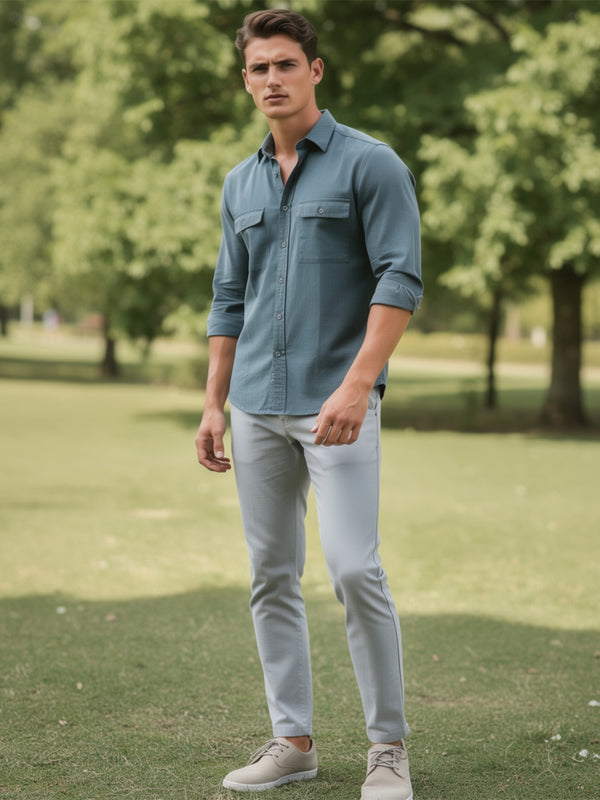 Sage Ocean Green Plain Casual Shirt With Dual Pockets