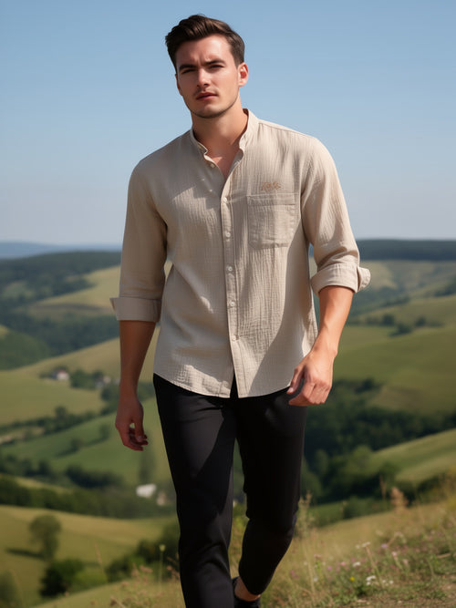 Camel Beige Plain Casual Shirt