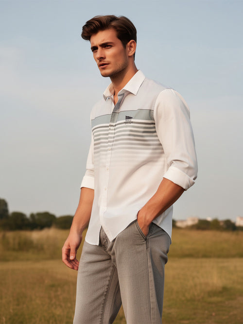 Frost Ivory White Horizontal Stripes Casual Shirt