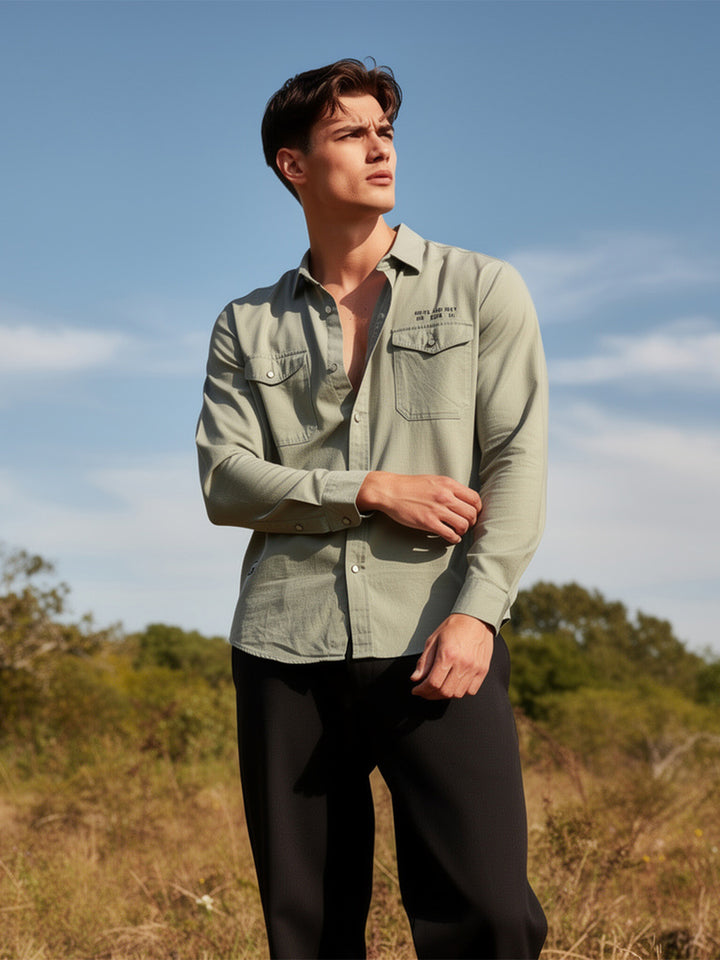 Stone Khaki Semi Casual Shirt With Dual Pockets