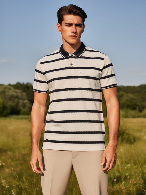 Cream and Black Horizontal Stripes Polo T Shirt