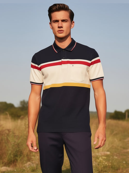 Navy Tricolor Horizontal Stripe Polo T Shirt