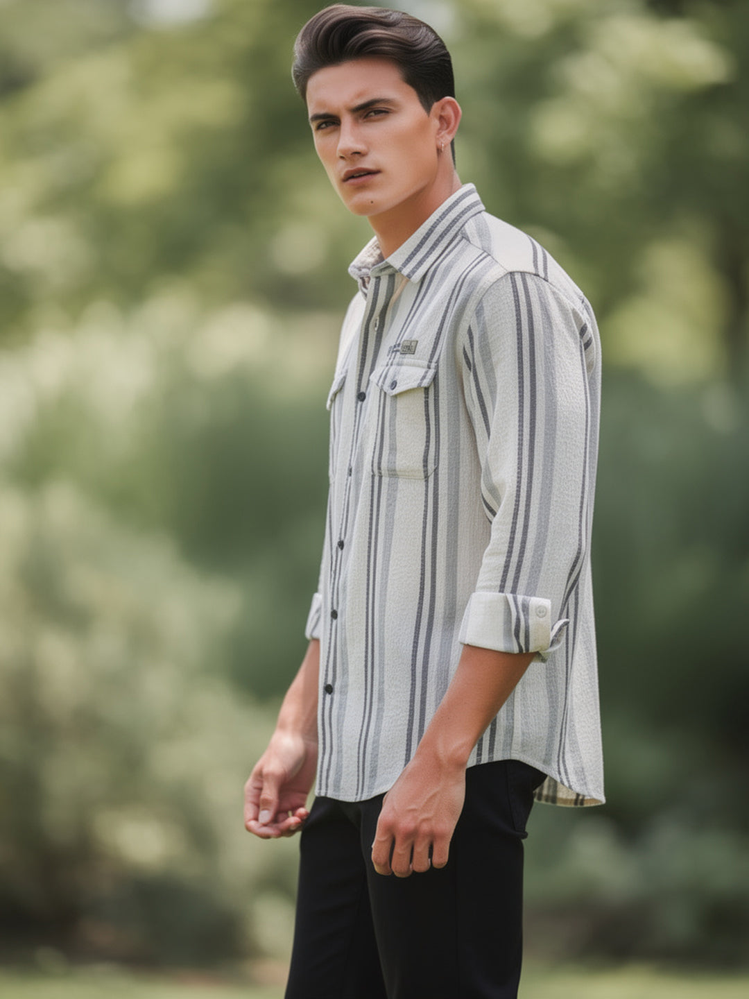 Cream White and Blue Vertical Stripes Casual Shirt