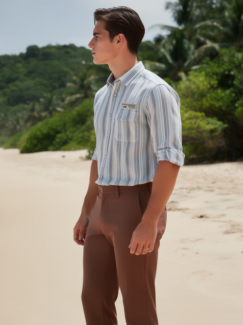Cream White and Blue Vertical Stripes Casual Shirt With Dual Pockets