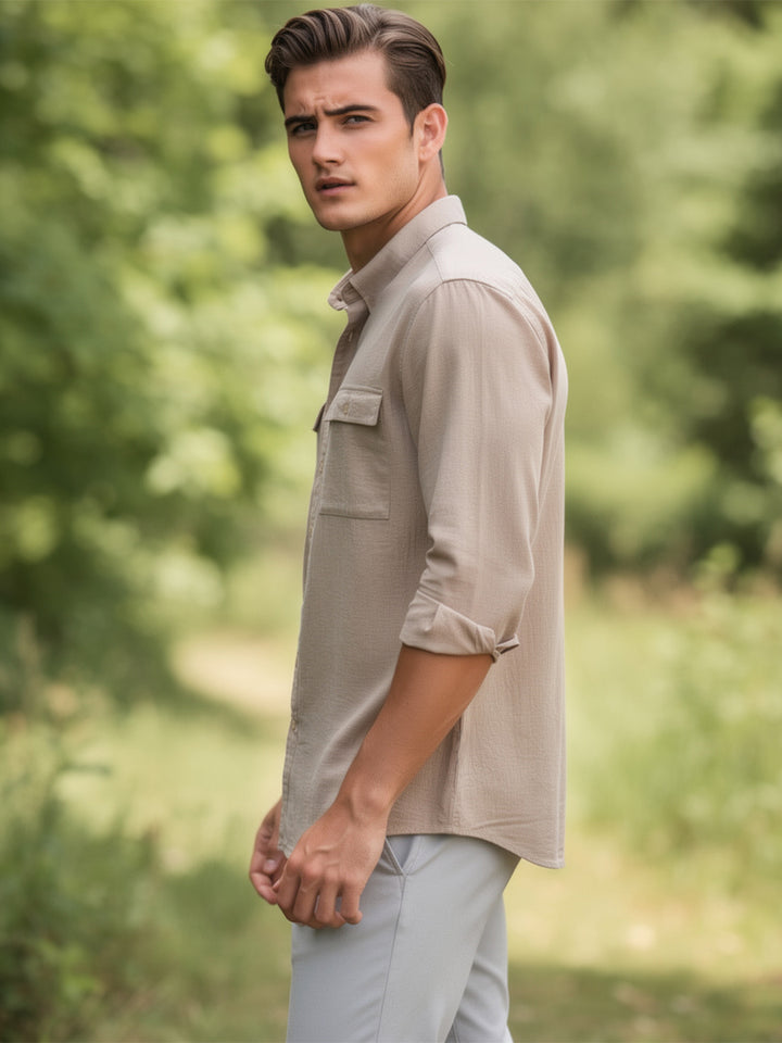 Earth Dune Beige Casual Shirt With Dual Pockets