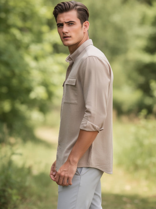 Earth Dune Beige Casual Shirt With Dual Pockets