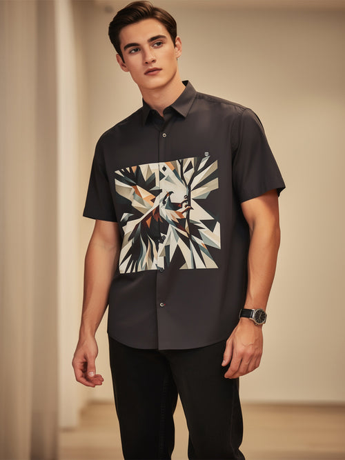 Charcoal Grey Geometric Printed Casual Shirt